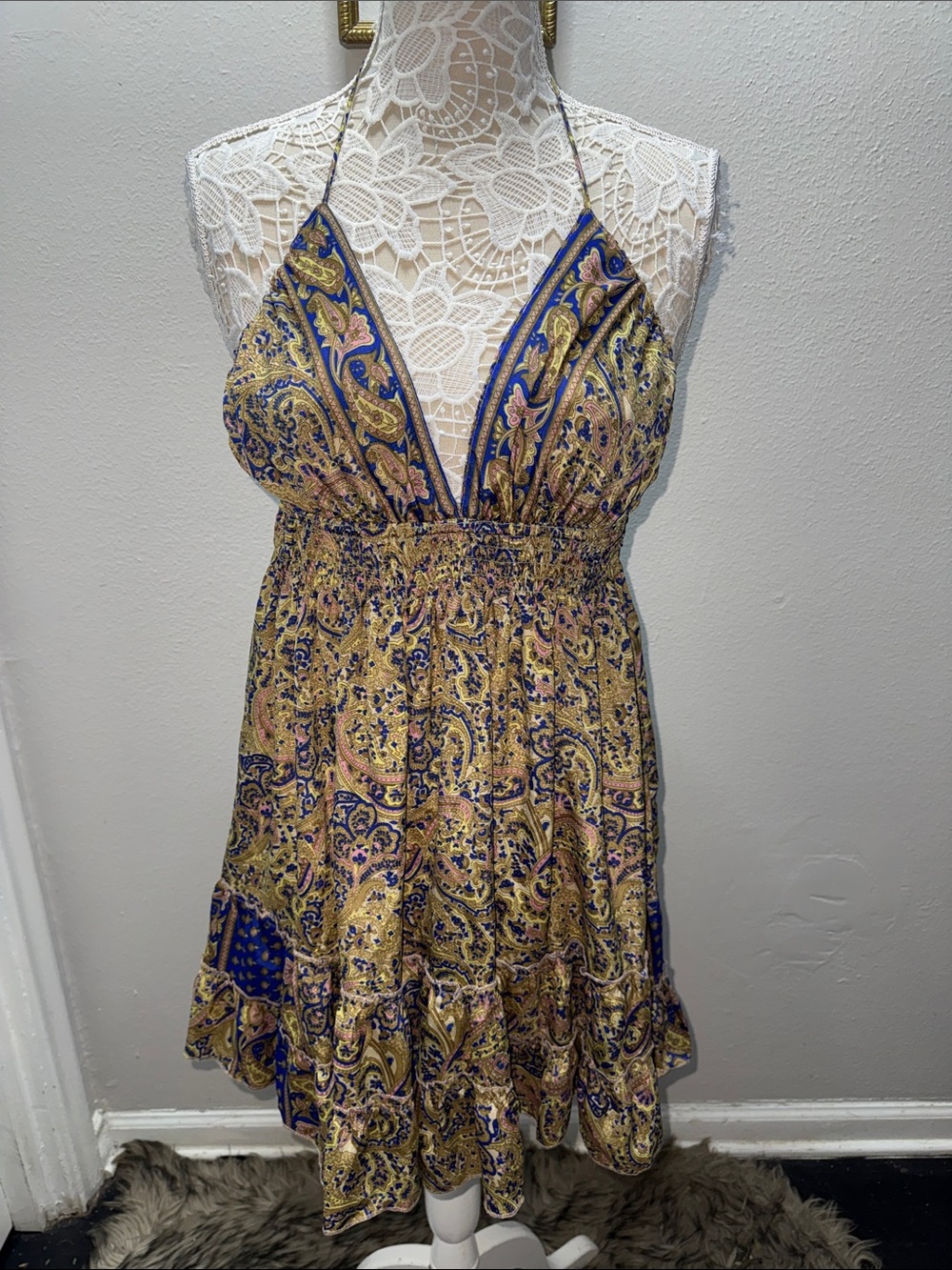 Zury silk Paisley Halter Mini Dress in Gold and Blue